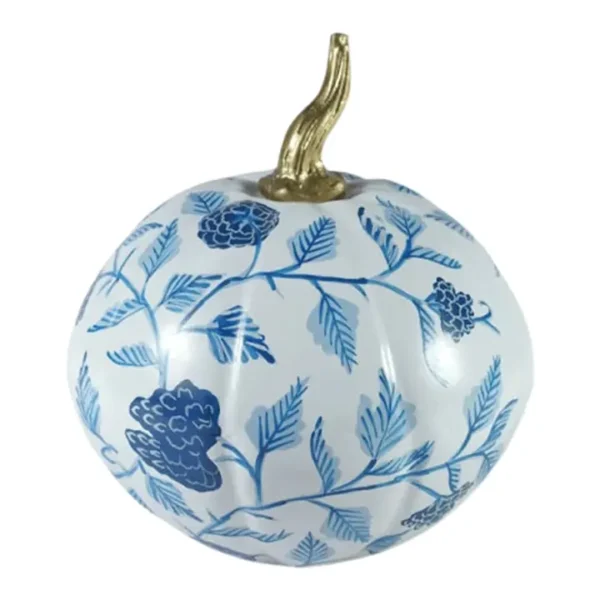 Blue Floral And Leaf Tole Pumpkin 12"