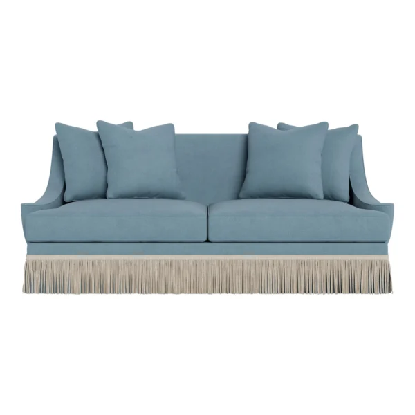 Bunny Williams Home Cora Sofa in Aegean Performance Linen with Beige Buillon Fringe