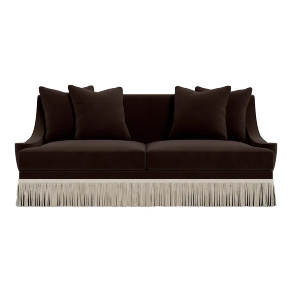 Bunny Williams Home Cora Sofa in Espresso Performance Velvet with Beige Buillon Fringe