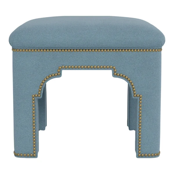 Bunny Williams Home Taj Stool in Aegean Performance Linen with French Brass Nail Heads