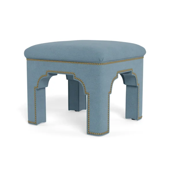 Bunny Williams Home Taj Stool in Aegean Performance Linen with French Brass Nail Heads - Image 3