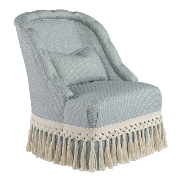 Celerie Kemble for Taylor King Button Swivel Chair with Natural Braided Buillon Fringe in Morse Mint