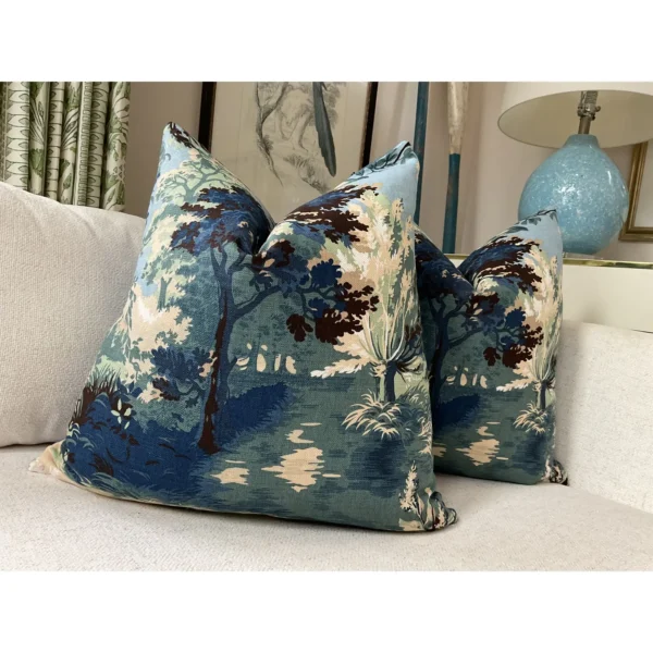 Pair of Thibaut “Lincoln Toile” in Navy and Teal Down Filled Pillows - Image 3