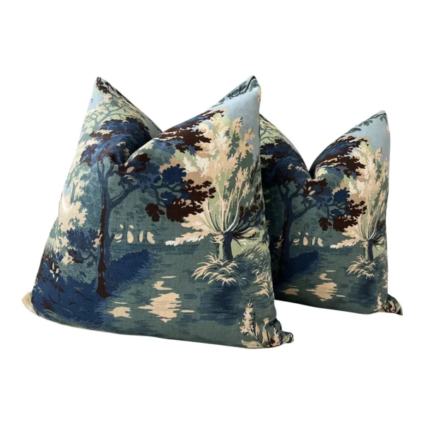 Pair of Thibaut “Lincoln Toile” in Navy and Teal Down Filled Pillows - Image 4