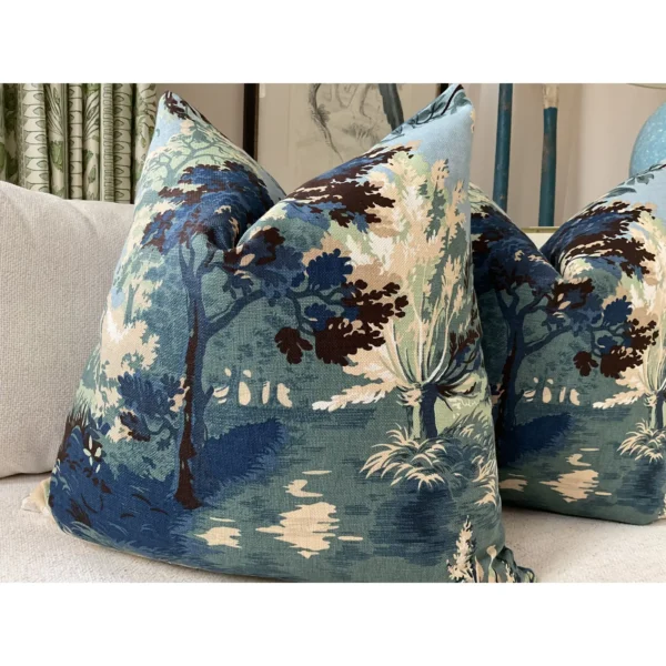 Pair of Thibaut “Lincoln Toile” in Navy and Teal Down Filled Pillows - Image 5