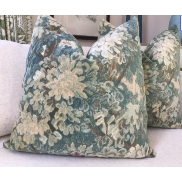 Scalamandre “Marly” Cut and Uncut Blue Green Verdure Velvet Pillows- a Pair - Image 2