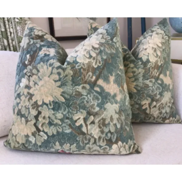 Scalamandre “Marly” Cut and Uncut Blue Green Verdure Velvet Pillows- a Pair - Image 3