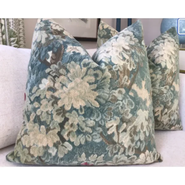 Scalamandre “Marly” Cut and Uncut Blue Green Verdure Velvet Pillows- a Pair - Image 4