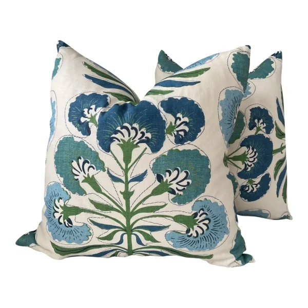 Thibaut “Tybee Tree” in Green and Blue Floral Pillows- a Pair